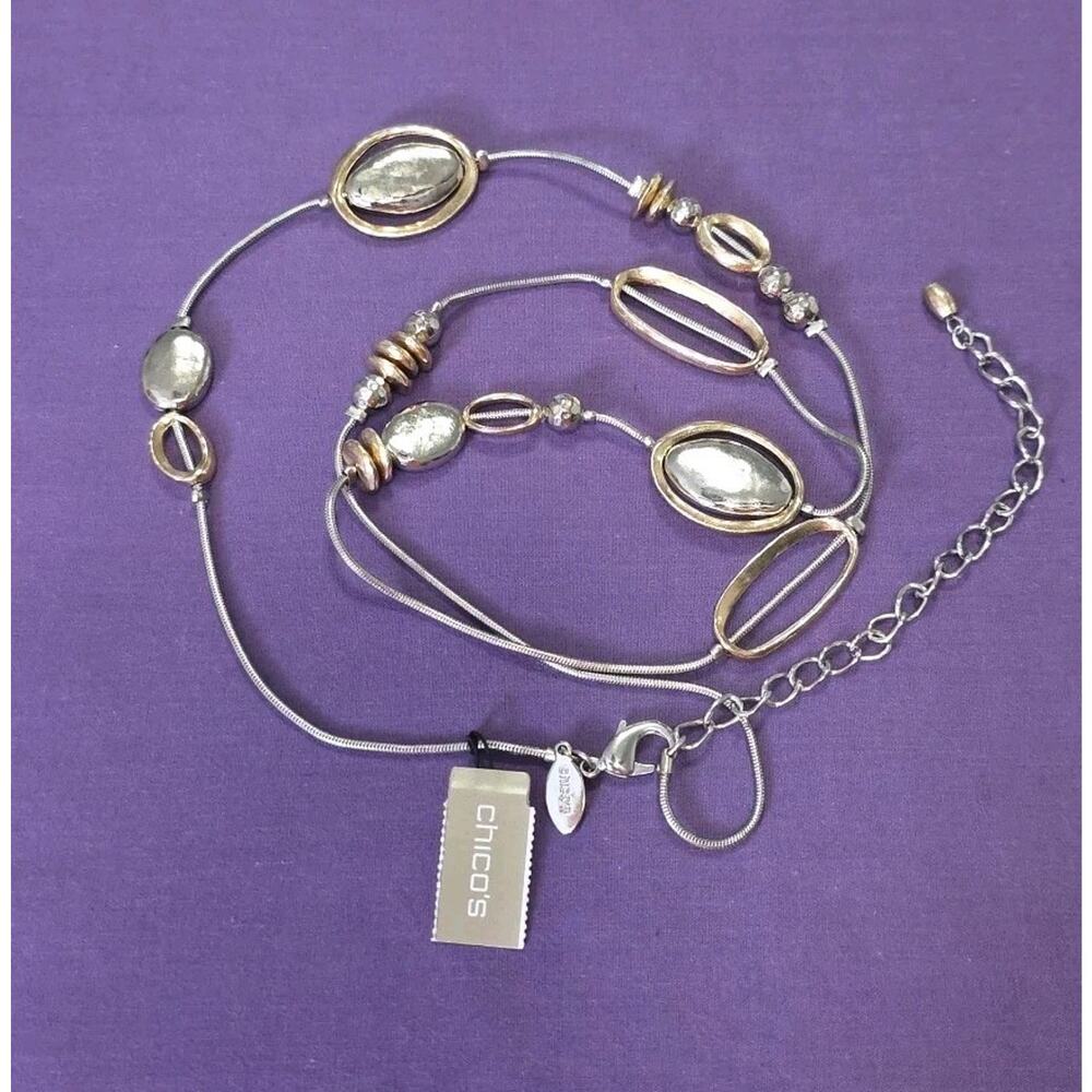 Chico's Signed Necklace Long Two-Tone Station Accents Mixed Metals Adjustable